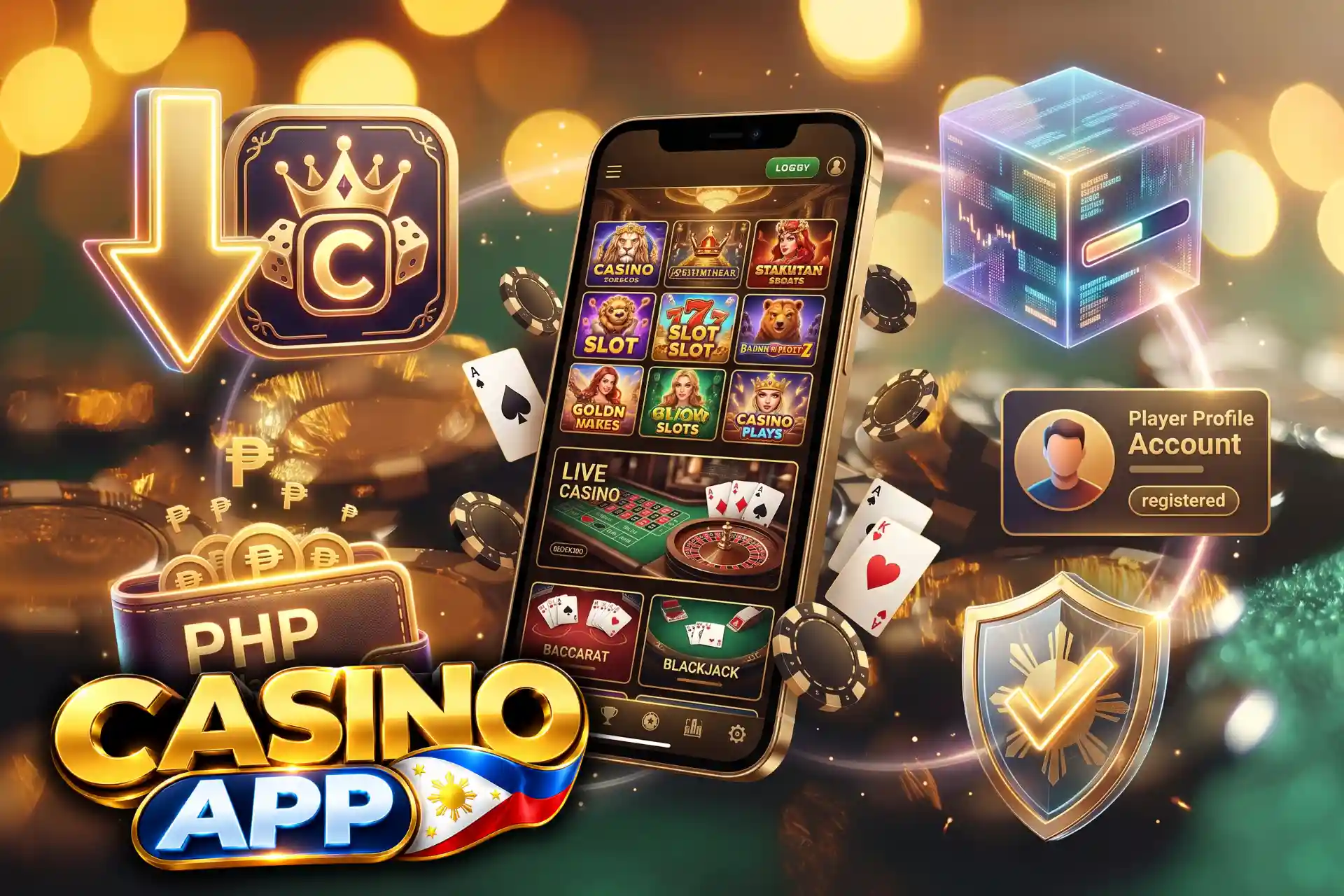 Complete guide on how to download a mobile casino app, illustrated on a smartphone display accompanied by a glowing download arrow, data cube, and golden shield.